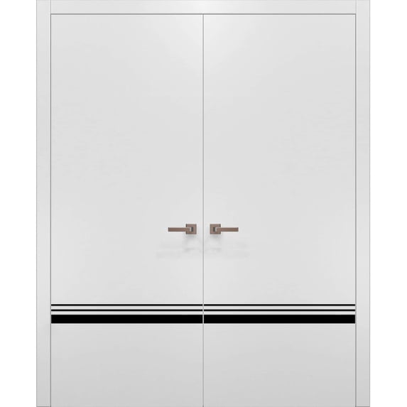 Solid French Double Doors 72 x 80 inches | Planum 0012 White Silk with Frosted Glass | Wood Solid Panel Frame Trims | Closet Bedroom Sturdy Doors