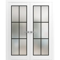 Solid French Double Doors 72 x 80 inches | Planum 2122 White Silk Frosted Glass | Wood Solid Panel Frame Trims | Closet Bedroom Sturdy Doors