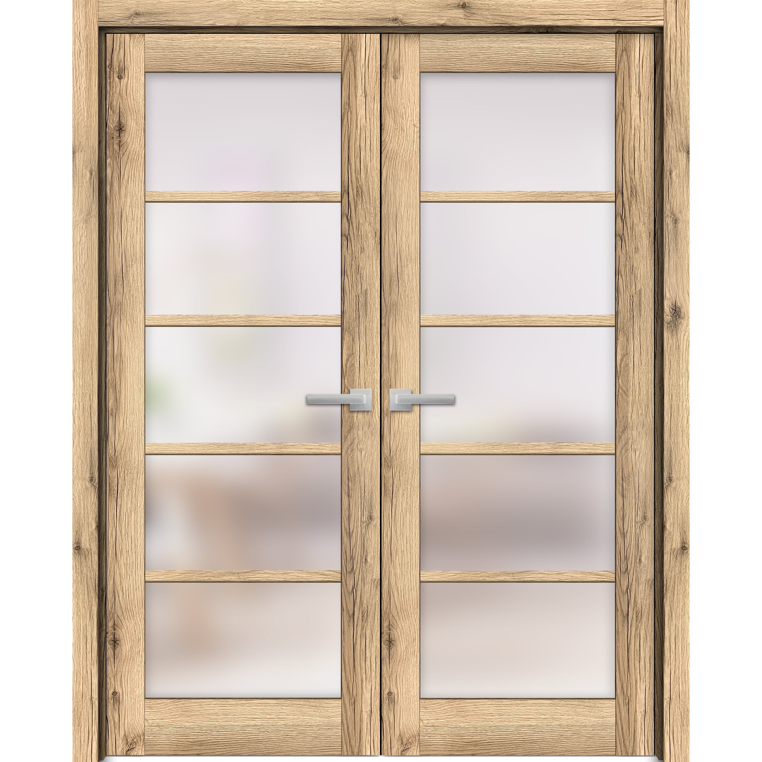 Oak 72 x 80 Inch French Double Doors with Frosted Glass