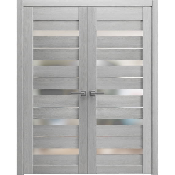 Solid French Double Doors 72 x 80 inches | Quadro 4445 Light Grey Oak with Frosted Glass | Wood Solid Panel Frame Trims | Closet Bedroom Sturdy Doors