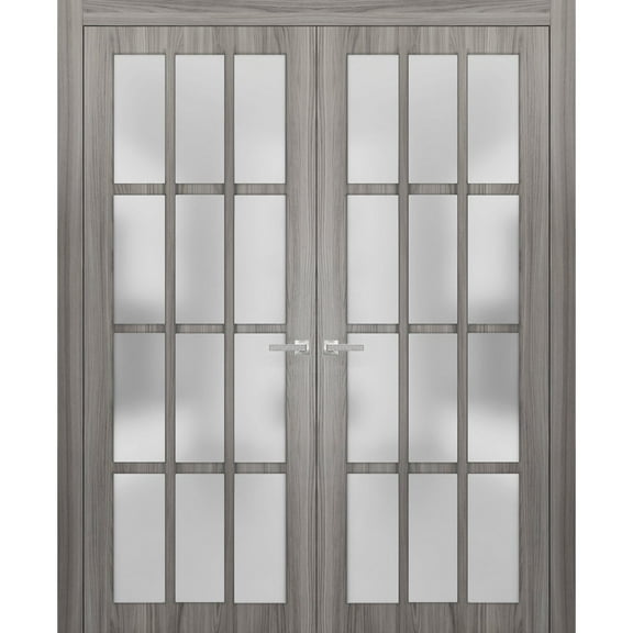 Solid French Double Doors 72 x 84 inches Frosted Glass 12 Lites | Felicia 3312 Ginger Ash Gray | Single Regural Panel Frame Trims | Bathroom Bedroom Sturdy Doors