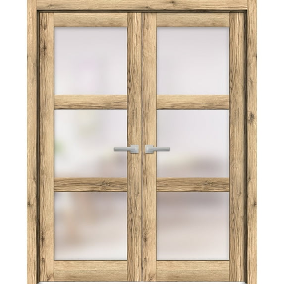 Solid French Double Doors 72 x 84 inches | Lucia 2552 Oak | Wood Solid Panel Frame Trims | Closet Bedroom Sturdy Doors