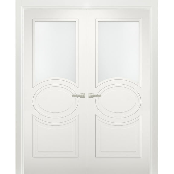 Solid French Double Doors 72 x 84 inches Opaque Glass / Mela 7012 Matte White / Wood Solid Panel Frame / Closet Bedroom Modern Doors