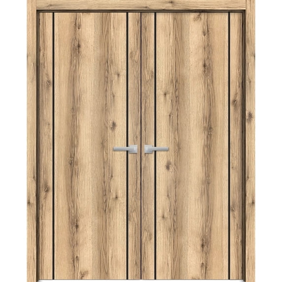Solid French Double Doors 72 x 84 inches | Planum 0017 Oak with Frosted Glass | Wood Solid Panel Frame Trims | Closet Bedroom Sturdy Doors