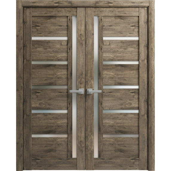 Solid French Double Doors 72 x 84 inches | Quadro 4088 Cognac Oak with Frosted Glass | Wood Solid Panel Frame Trims | Closet Bedroom Sturdy Doors