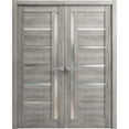thumbnail image 1 of Solid French Double Doors 72 x 84 inches | Quadro 4088 Nebraska Grey with Frosted Glass | Wood Solid Panel Frame Trims | Closet Bedroom Sturdy Doors, 1 of 5