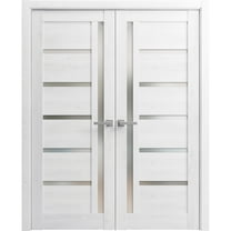 Solid French Double Doors 72 x 84 inches | Quadro 4088 Nordic White with Frosted Glass | Wood Solid Panel Frame Trims | Closet Bedroom Sturdy Doors