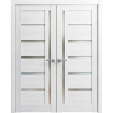 Solid French Double Doors 72 x 84 inches | Quadro 4088 Nordic White with Frosted Glass | Wood Solid Panel Frame Trims | Closet Bedroom Sturdy Doors
