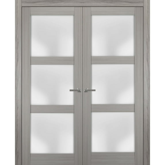 Solid French Double Doors 72 x 96 inches Frosted Glass | Lucia 2552 Grey Ash | Wood Solid Panel Frame Trims | Closet Bedroom Sturdy Doors