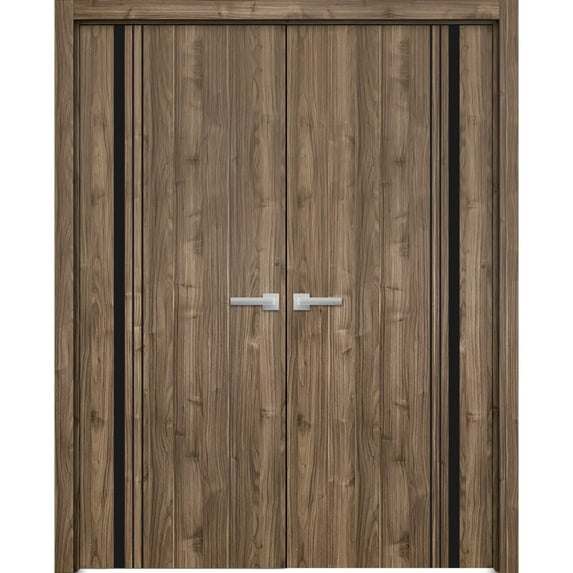 Solid French Double Doors 72 x 96 inches | Planum 0011 Walnut with Frosted Glass | Wood Solid Panel Frame Trims | Closet Bedroom Sturdy Doors