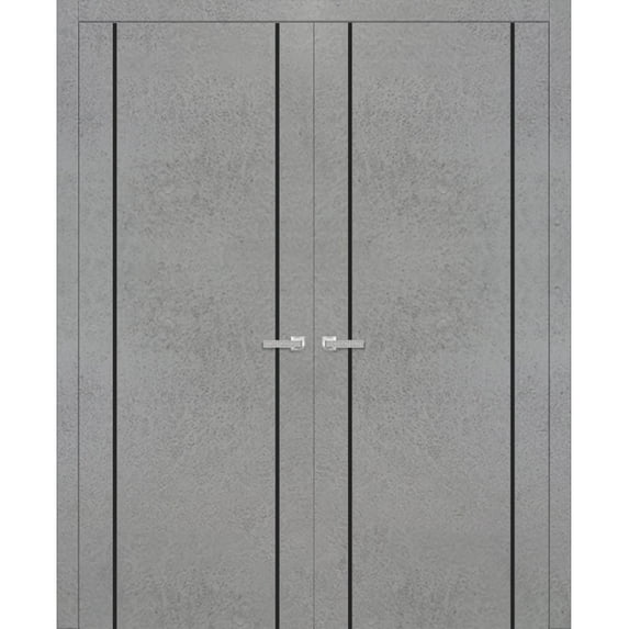 Solid French Double Doors 72 x 96 inches | Planum 0016 Concrete with Frosted Glass | Wood Solid Panel Frame Trims | Closet Bedroom Sturdy Doors