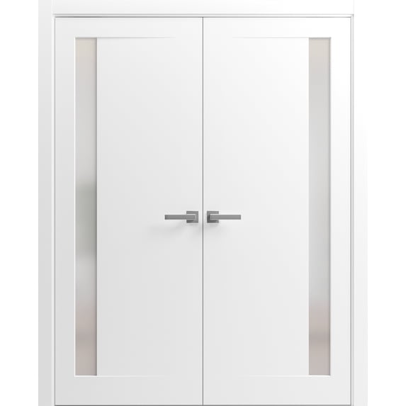 Solid French Double Doors 72 x 96 inches | Planum 0660 Painted White with Frosted Glass | Wood Solid Panel Frame Trims | Closet Bedroom Sturdy Doors