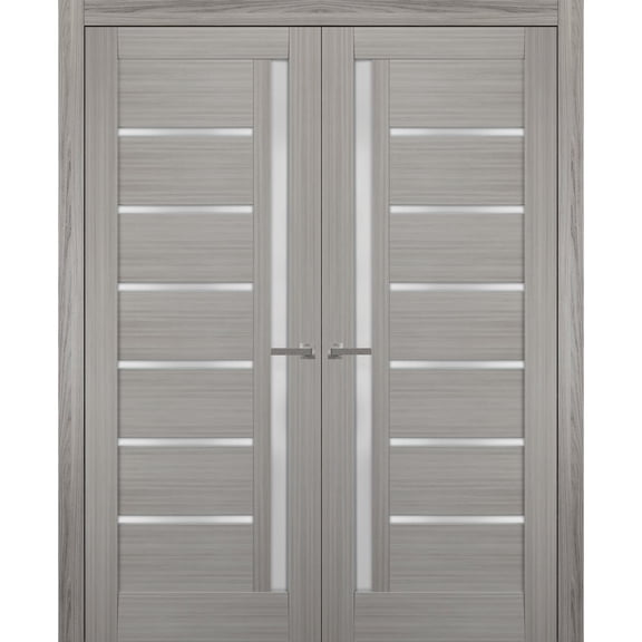 Solid French Double Doors 84 x 80 inches Frosted Glass | Quadro 4088 Grey Ash | Wood Solid Panel Frame Trims | Closet Bedroom Sturdy Doors