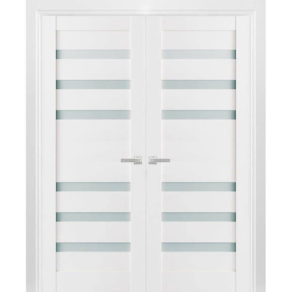 Solid French Double Doors 84 x 80 inches Frosted Glass | Quadro 4266 White Silk | Wood Solid Panel Frame Trims | Closet Bedroom Sturdy Doors