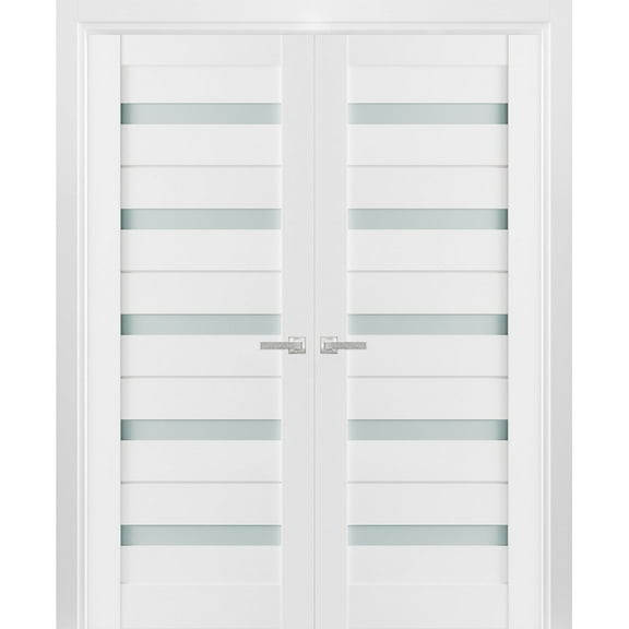 Solid French Double Doors 84 x 80 inches Frosted Glass | Quadro 4445 White Silk | Wood Solid Panel Frame Trims | Closet Bedroom Sturdy Doors