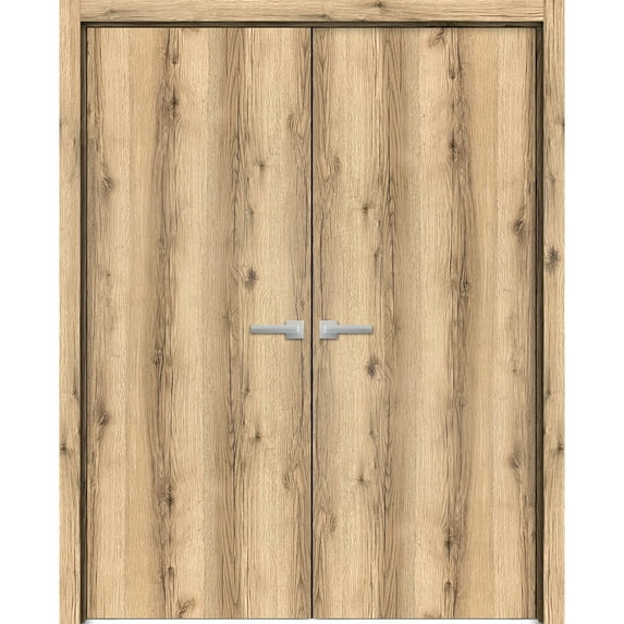 Solid French Double Doors 84 x 80 inches | Planum 0010 Oak | Wood Solid Panel Frame Trims | Closet Bedroom Sturdy Doors