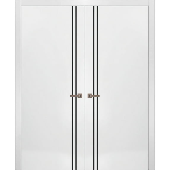 Solid French Double Doors 84 x 80 inches | Planum 0016 White Silk with Frosted Glass | Wood Solid Panel Frame Trims | Closet Bedroom Sturdy Doors