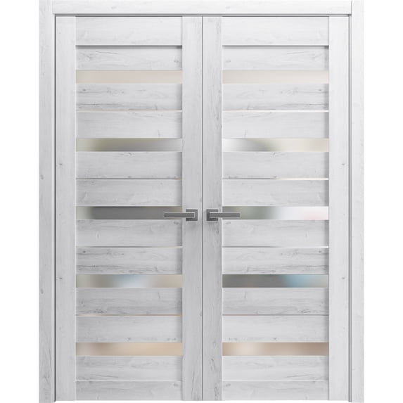 Solid French Double Doors 84 x 80 inches | Quadro 4445 Nordic White with Frosted Glass | Wood Solid Panel Frame Trims | Closet Bedroom Sturdy Doors