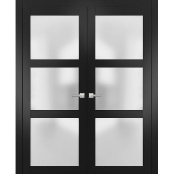 Sartodoors Lucia 2552 Matte Black Solid French Double Doors with Frosted Glass | Wood Panel Frame with Trim | Sturdy Doors for Closet or Bedroom | 84 x 84 inches