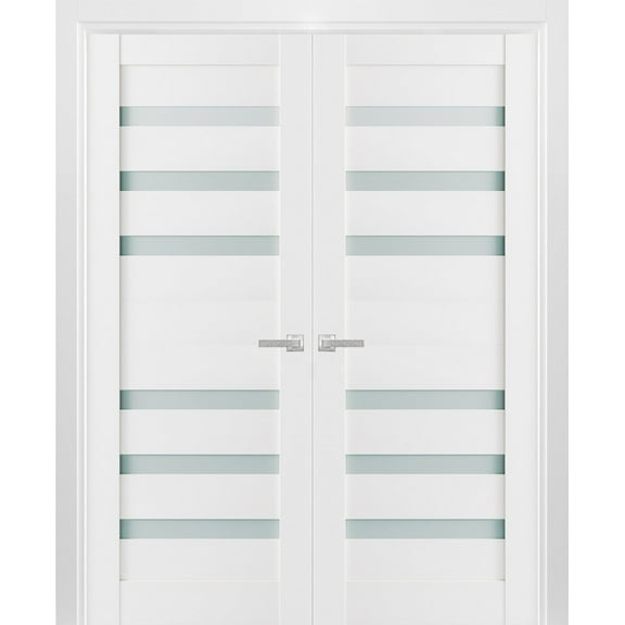 Solid French Double Doors 84 x 84 inches Frosted Glass | Quadro 4266 White Silk | Wood Solid Panel Frame Trims | Closet Bedroom Sturdy Doors