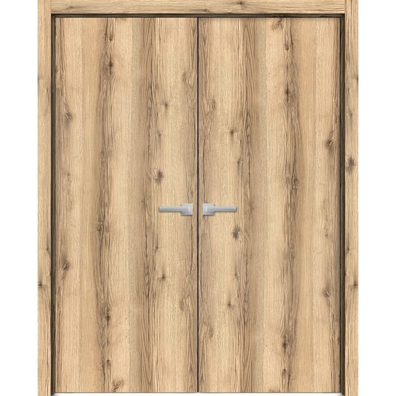 Solid French Double Doors 84 x 84 inches | Planum 0010 Oak | Wood Solid Panel Frame Trims | Closet Bedroom Sturdy Doors