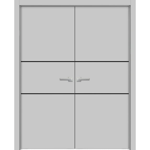 Solid French Double Doors 84 x 84 inches | Planum 0014 Grey Ash with Frosted Glass | Wood Solid Panel Frame Trims | Closet Bedroom Sturdy Doors