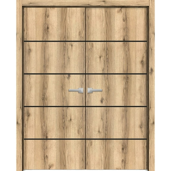 Solid French Double Doors 84 x 84 inches | Planum 0015 Oak with Frosted Glass | Wood Solid Panel Frame Trims | Closet Bedroom Sturdy Doors