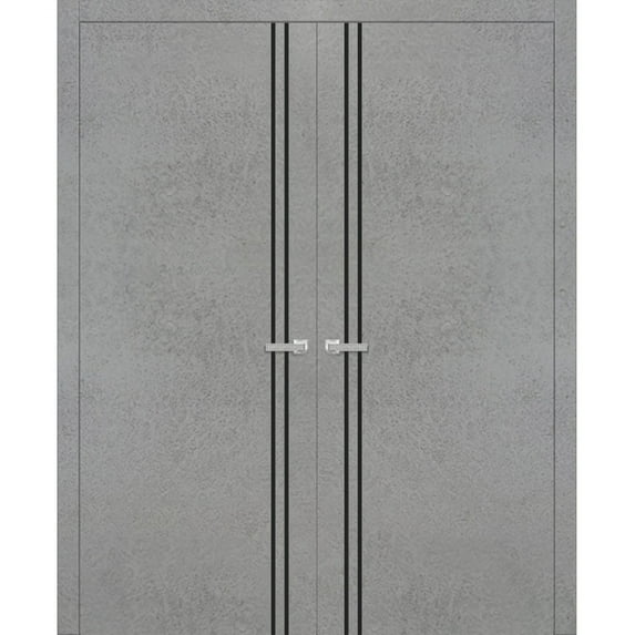 Solid French Double Doors 84 x 84 inches | Planum 0016 Concrete with Frosted Glass | Wood Solid Panel Frame Trims | Closet Bedroom Sturdy Doors