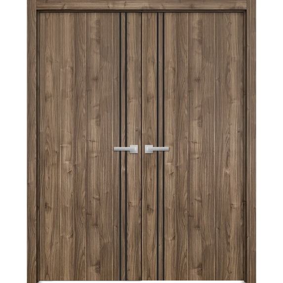 Solid French Double Doors 84 x 84 inches | Planum 0016 Walnut with Frosted Glass | Wood Solid Panel Frame Trims | Closet Bedroom Sturdy Doors