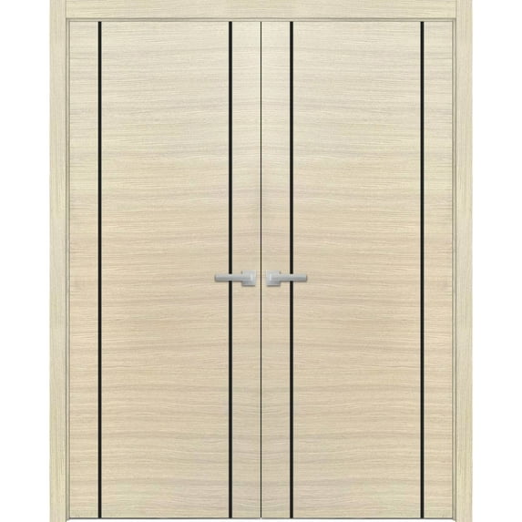Solid French Double Doors 84 x 84 inches | Planum 0017 Natural Veneer with Frosted Glass | Wood Solid Panel Frame Trims | Closet Bedroom Sturdy Doors