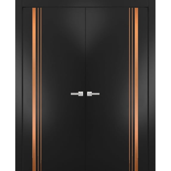Solid French Double Doors 84 x 84 inches | Planum 1010 Matte Black with Frosted Glass | Wood Solid Panel Frame Trims | Closet Bedroom Sturdy Doors