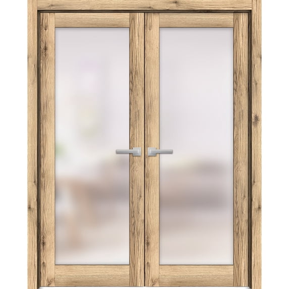 Solid French Double Doors 84 x 84 inches | Planum 2102 Oak | Wood Solid Panel Frame Trims | Closet Bedroom Sturdy Doors