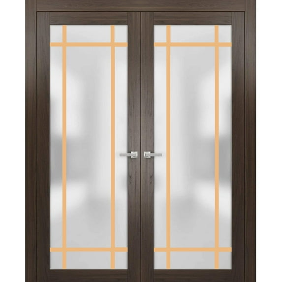 Solid French Double Doors 84 x 84 inches | Planum 2113 Chocolate Ash Frosted Glass | Wood Solid Panel Frame Trims | Closet Bedroom Sturdy Doors