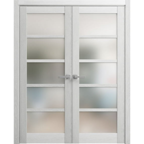 Solid French Double Doors 84 x 84 inches | Quadro 4002 Light Grey Oak with Frosted Glass | Wood Solid Panel Frame Trims | Closet Bedroom Sturdy Doors