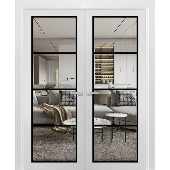 Solid French Double Doors 84 x 96 inches | Lucia 2466 White Silk Clear Glass | Wood Solid Panel Frame Trims | Closet Bedroom Sturdy Doors