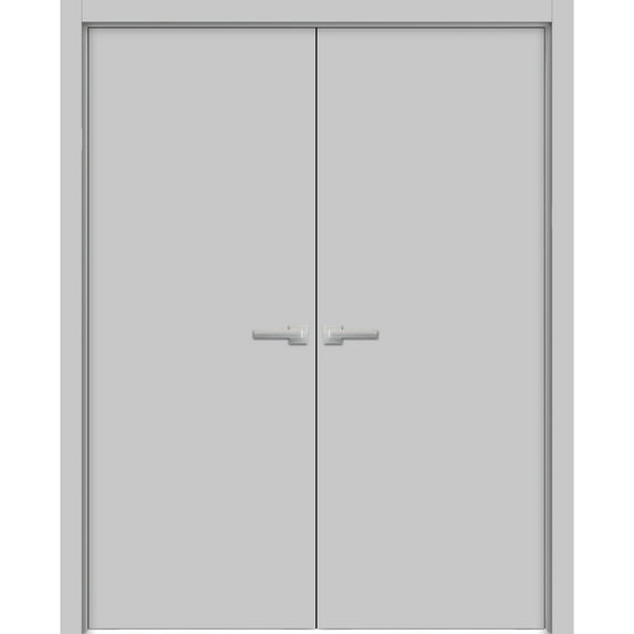 Solid French Double Doors 84 x 96 inches | Planum 0010 Matte Grey | Wood Solid Panel Frame Trims | Closet Bedroom Sturdy Doors