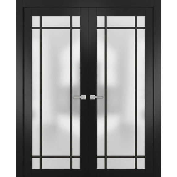 Solid French Double Doors 84 x 96 inches | Planum 2112 Matte Black Frosted Glass | Wood Solid Panel Frame Trims | Closet Bedroom Sturdy Doors