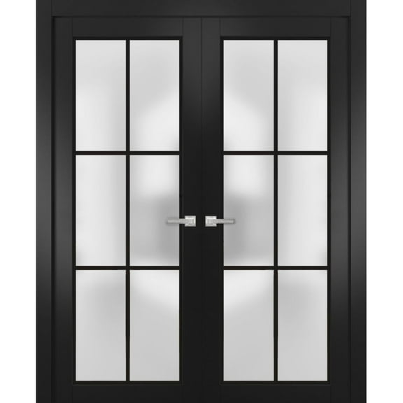 Solid French Double Doors 84 x 96 inches | Planum 2122 Matte Black Frosted Glass | Wood Solid Panel Frame Trims | Closet Bedroom Sturdy Doors