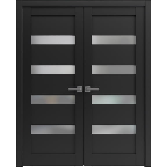 Solid French Double Doors 84 x 96 inches | Quadro 4113 Matte Black Frosted Glass | Wood Solid Panel Frame Trims | Closet Bedroom Sturdy Doors