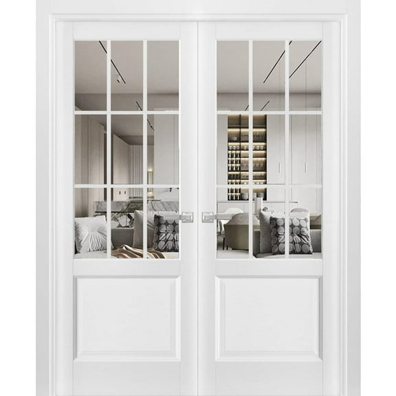 Solid French Double Doors | Felicia 3599 White Silk with Clear Glass | Wood Solid Panel Frame Trims | Closet Bedroom Sturdy Doors -36" x 84" (2* 18x84)