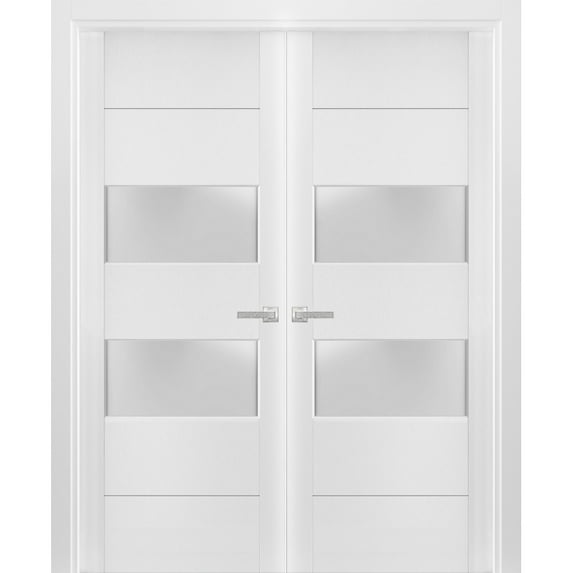Solid French Double Doors Frosted Glass 2 lites | Lucia 4010 White Silk | Wood Solid Panel Frame Trims | Closet Bedroom Sturdy Doors -64" x 84" (2* 32x84)