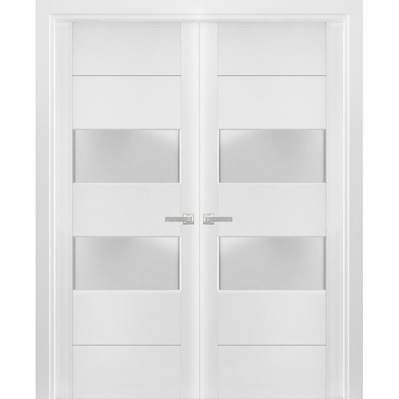 Solid French Double Doors Frosted Glass 2 lites | Lucia 4010 White Silk | Wood Solid Panel Frame Trims | Closet Bedroom Sturdy Doors -84" x 84" (2* 42x84)