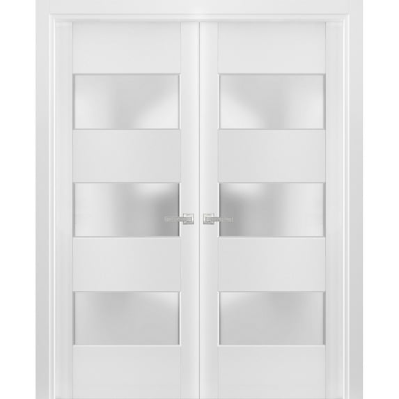 Solid French Double Doors Frosted Glass 3 Lites | Lucia 4070 White Silk | Wood Solid Panel Frame Trims | Closet Bedroom Sturdy Doors -36" x 96"