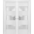 thumbnail image 1 of Solid French Double Doors Frosted Glass 3 Lites | Lucia 4070 White Silk | Wood Solid Panel Frame Trims | Closet Bedroom Sturdy Doors -56" x 80" (2* 28x80), 1 of 6