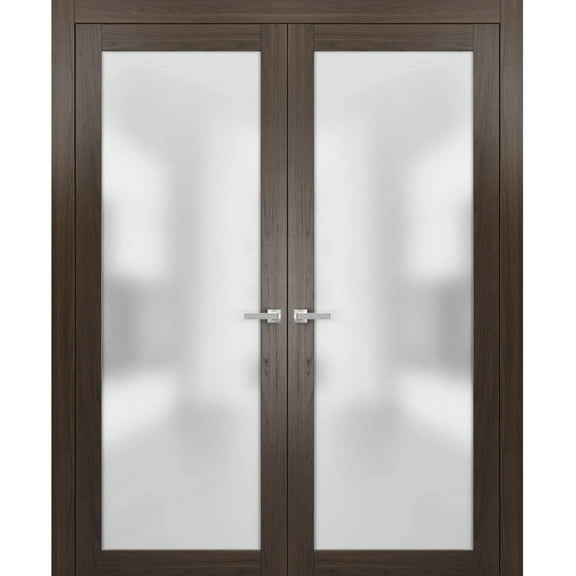 Solid French Double Doors Frosted Glass | Planum 2102 Chocolate Ash | Wood Solid Panel Frame Trims | Closet Bedroom Sturdy Doors-36" x 84" (2* 18x84)