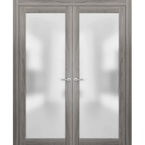 Solid French Double Doors Frosted Glass | Planum 2102 Ginger Ash | Wood Solid Panel Frame Trims | Closet Bedroom Sturdy Doors-36" x 84" (2* 18x84)