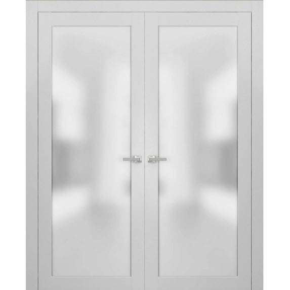 Solid French Double Doors Frosted Glass | Planum 2102 White Silk | Wood Solid Panel Frame Trims | Closet Bedroom Sturdy Doors-36" x 80" (2* 18x80)-Frosted Glass