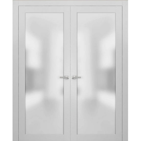 Solid French Double Doors Frosted Glass | Planum 2102 White Silk | Wood Solid Panel Frame Trims | Closet Bedroom Sturdy Doors-36" x 84" (2* 18x84)-Frosted Glass