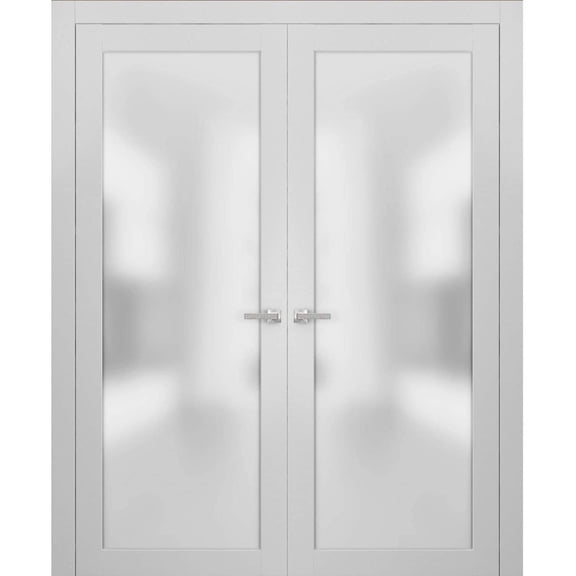 Solid French Double Doors Frosted Glass | Planum 2102 White Silk | Wood Solid Panel Frame Trims | Closet Bedroom Sturdy Doors-84" x 84" (2* 42x84)-Frosted Glass