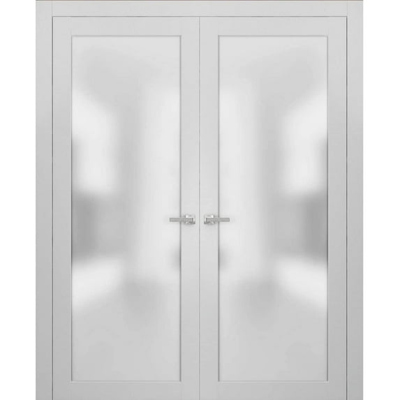 Solid French Double Doors Frosted Glass | Planum 2102 White Silk | Wood Solid Panel Frame Trims | Closet Bedroom Sturdy Doors-84" x 96" (2* 42x96)-Frosted Glass